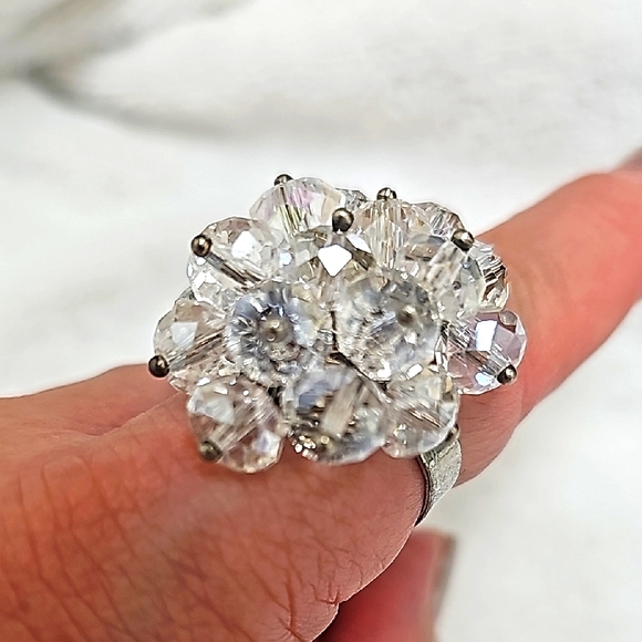 Silvertone AB Crystal Cluster Ring - Picture 1 of 3